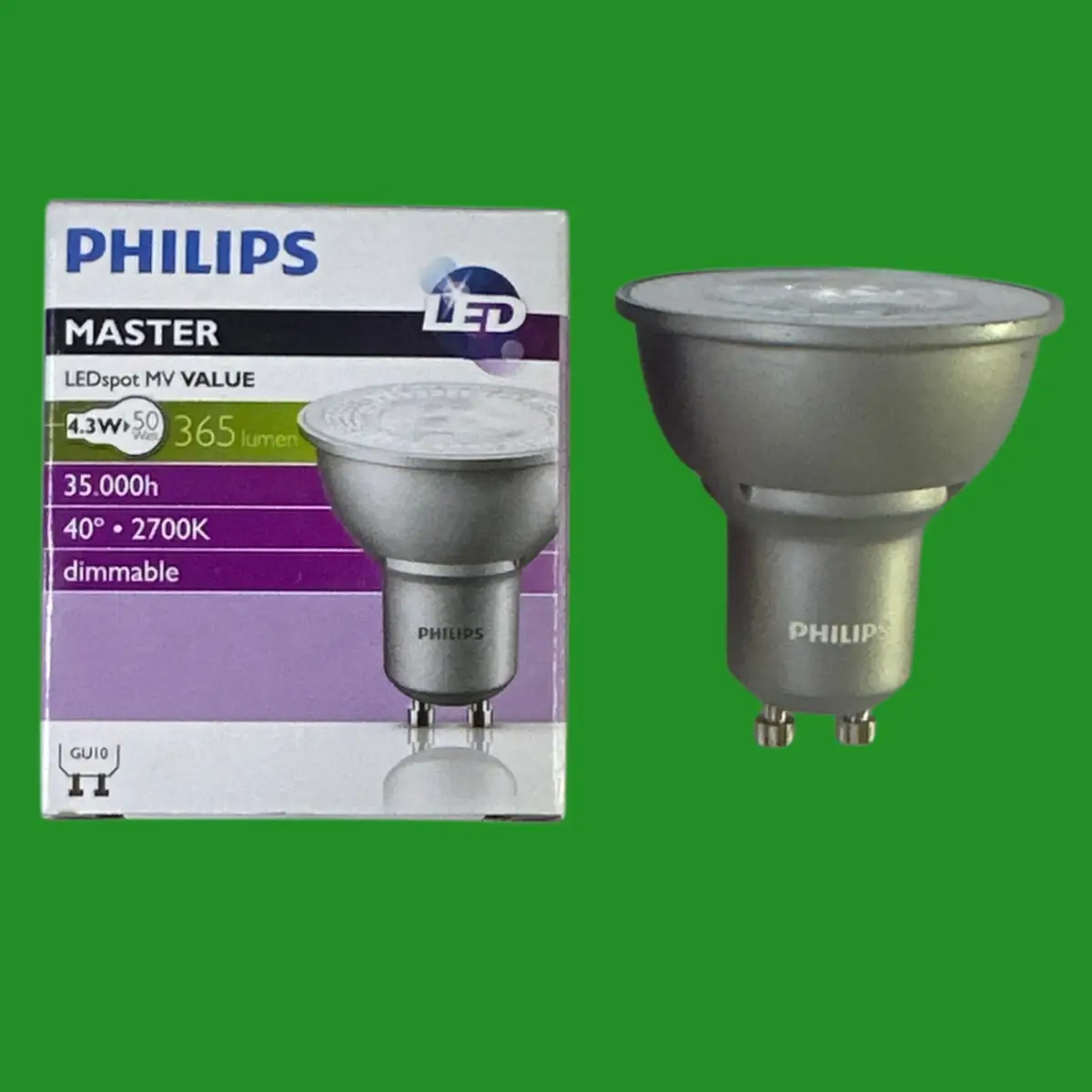1x 4.3W (=50W) Philips Dimmable LED GU10 Reflector Spot Light Bulb 2700K Lamp