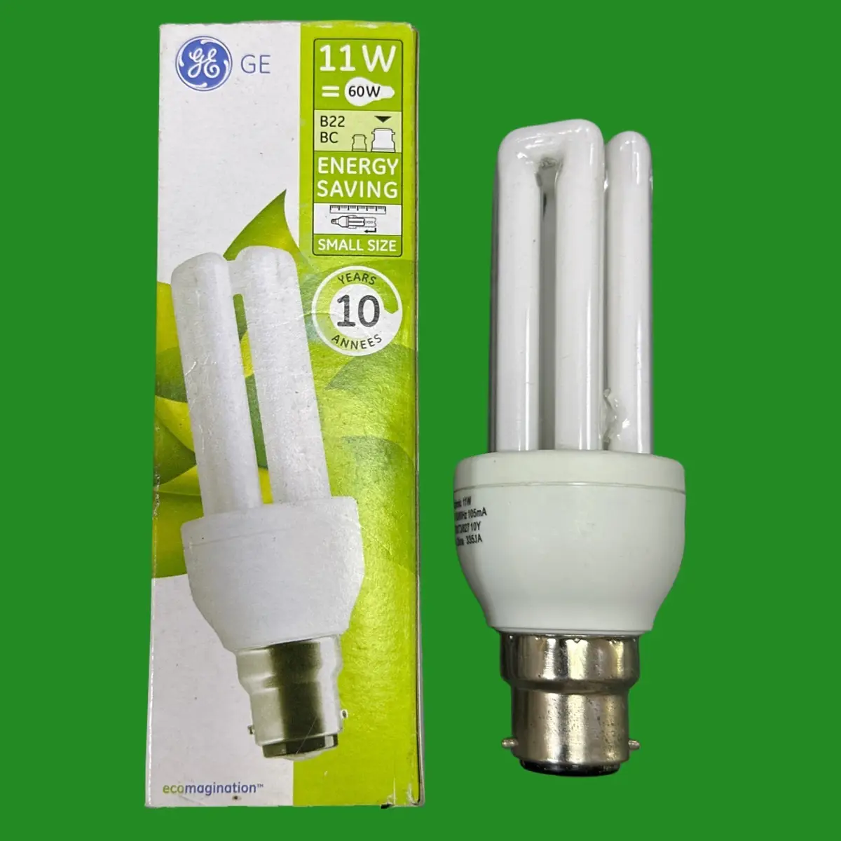 1x 11W (=60W) GE Low Energy Power Saving CFL Mini Stick Light Bulbs BC B22 Lamps