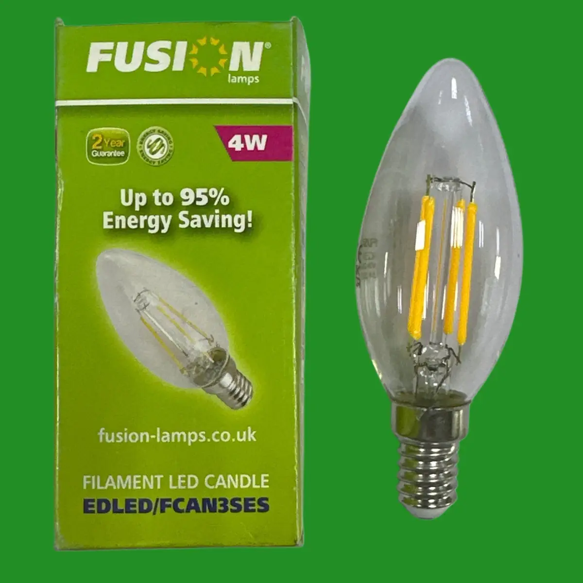 2x 4W (=40W) Fusion LED Filament Clear Candle Light Bulbs SES E14 Small Screw