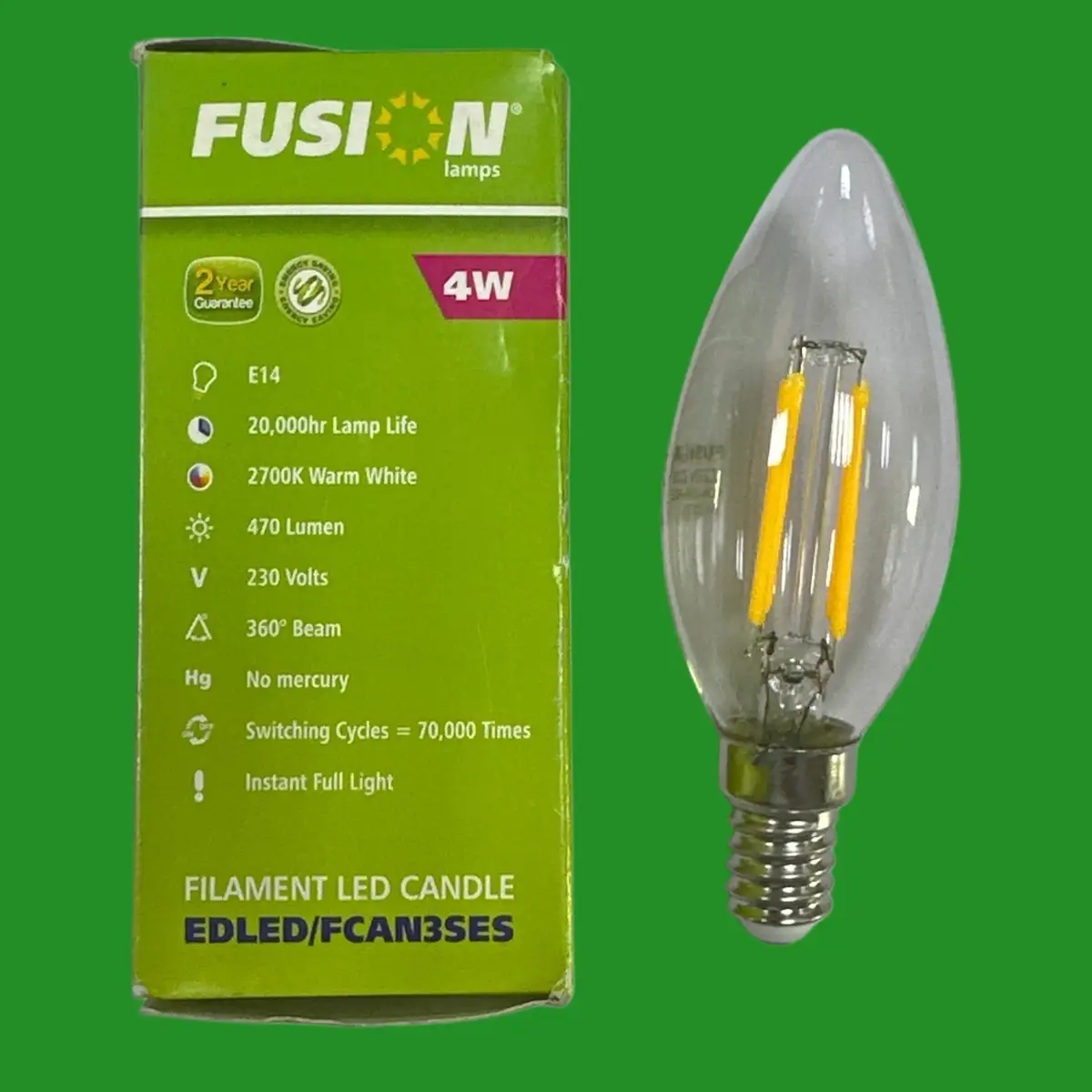 2x 4W (=40W) Fusion LED Filament Clear Candle Light Bulbs SES E14 Small Screw - image 2 | Free standard UK delivery included | Discount Quality Products