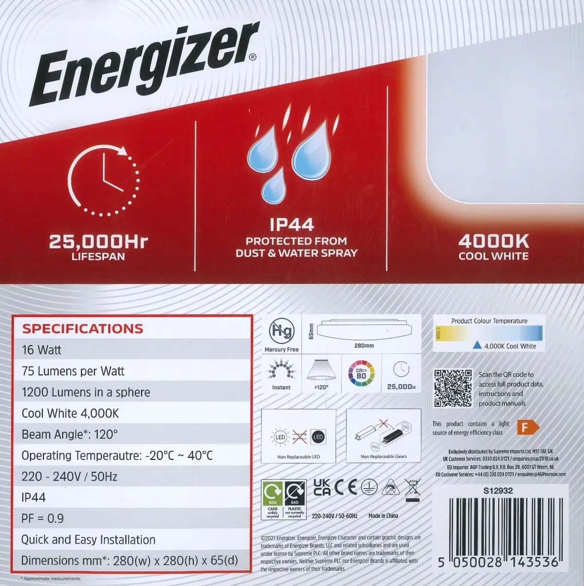 16W Energizer LED IP44 Square Ceiling Bulkhead Light, 4000K Cool White, 1200lm - image 2 | Free standard UK delivery included | Discount Quality Products