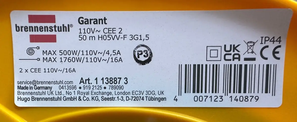 50m 2 CEE Sockets 16A 110V Brennenstuhl Garant Cable Reel IP44 Extension Lead - image 5 | Free standard UK delivery included | Discount Quality Products