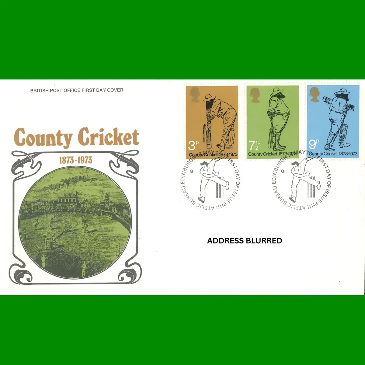 FDC County Cricket Centenary Stamps Official First Day Cover 16.5.1973
