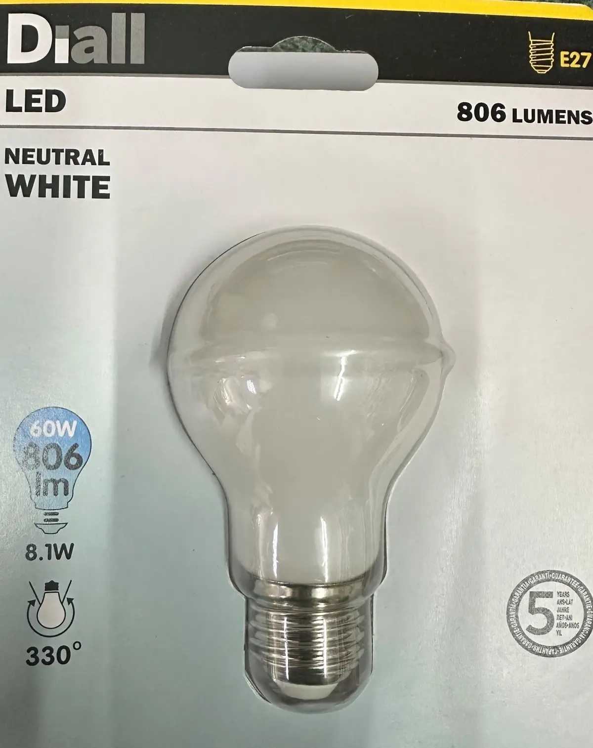 1x 8.1W =60W Dial LED GLS A60 Light Bulb, ES, E27, Edison Screw 4000K Lamp