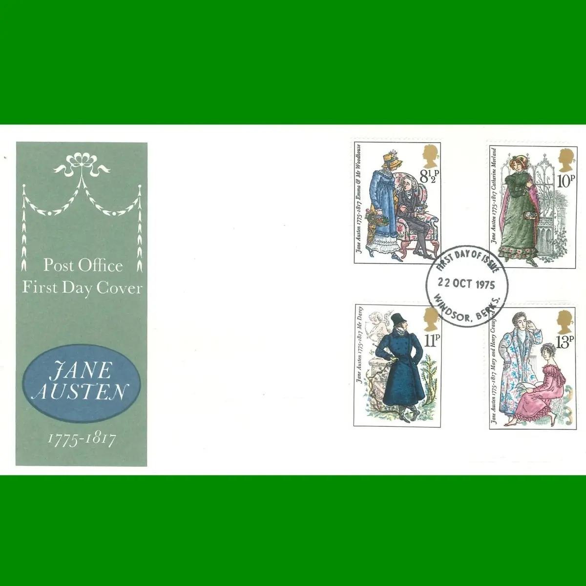 FDC Jane Austen Commemorative Stamps Post Office First Day Cover 22.10.1975