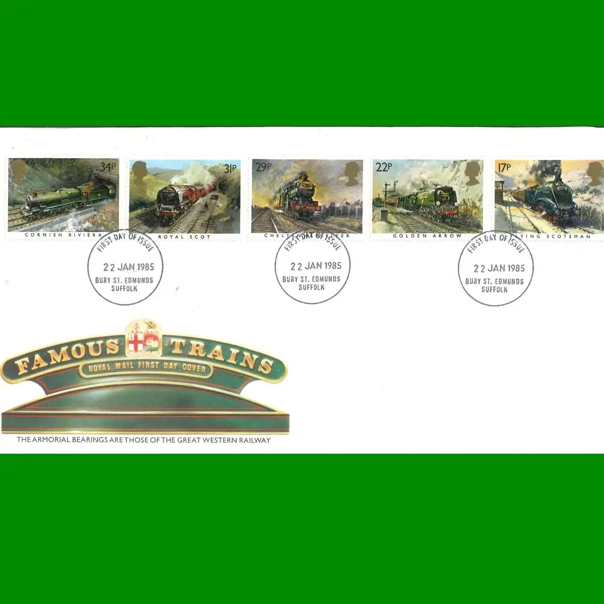 FDC Famous Trains Royal Mail Commemorative Stamps First Day Cover 22.1.1985