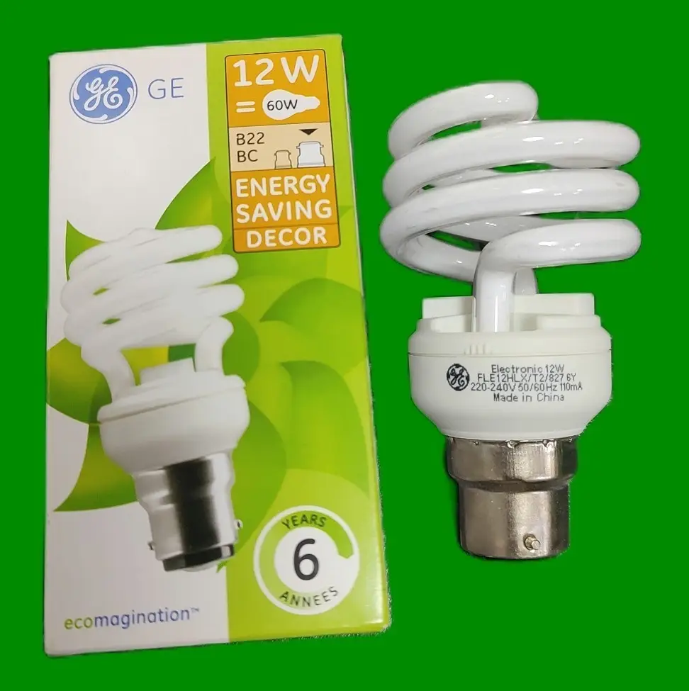 1x 12W (=60W) GE Spiral Low Energy Power Saving Light Bulb Bayonet BC B22 Lamp