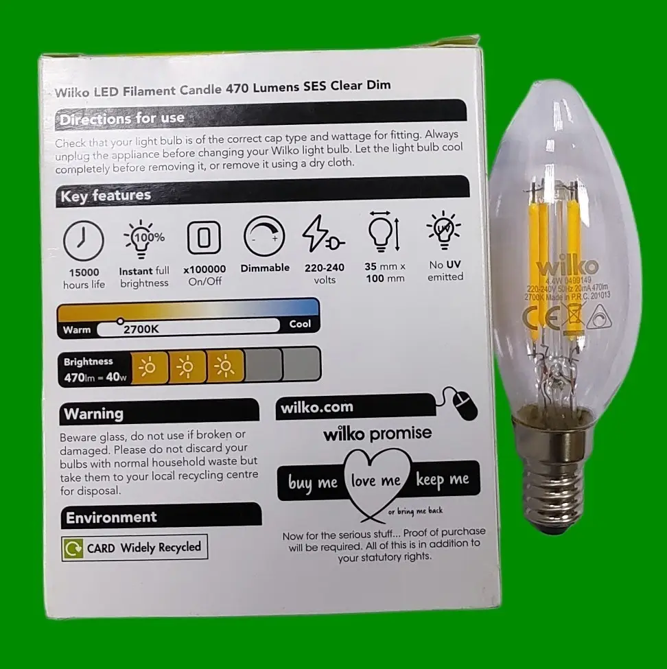 4W (=40W) Wilko LED Dimmable Filament Clear Candle Light Bulbs SES E14 2700K - image 2 | Free standard UK delivery included | Discount Quality Products