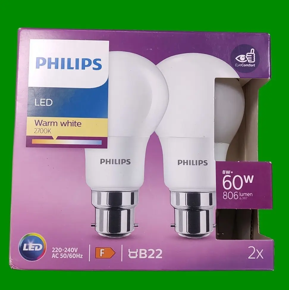 2x 8W (=60W) Philips LED GLS Light Bulbs Bayonet BC B22 2700K Warm White 806lm