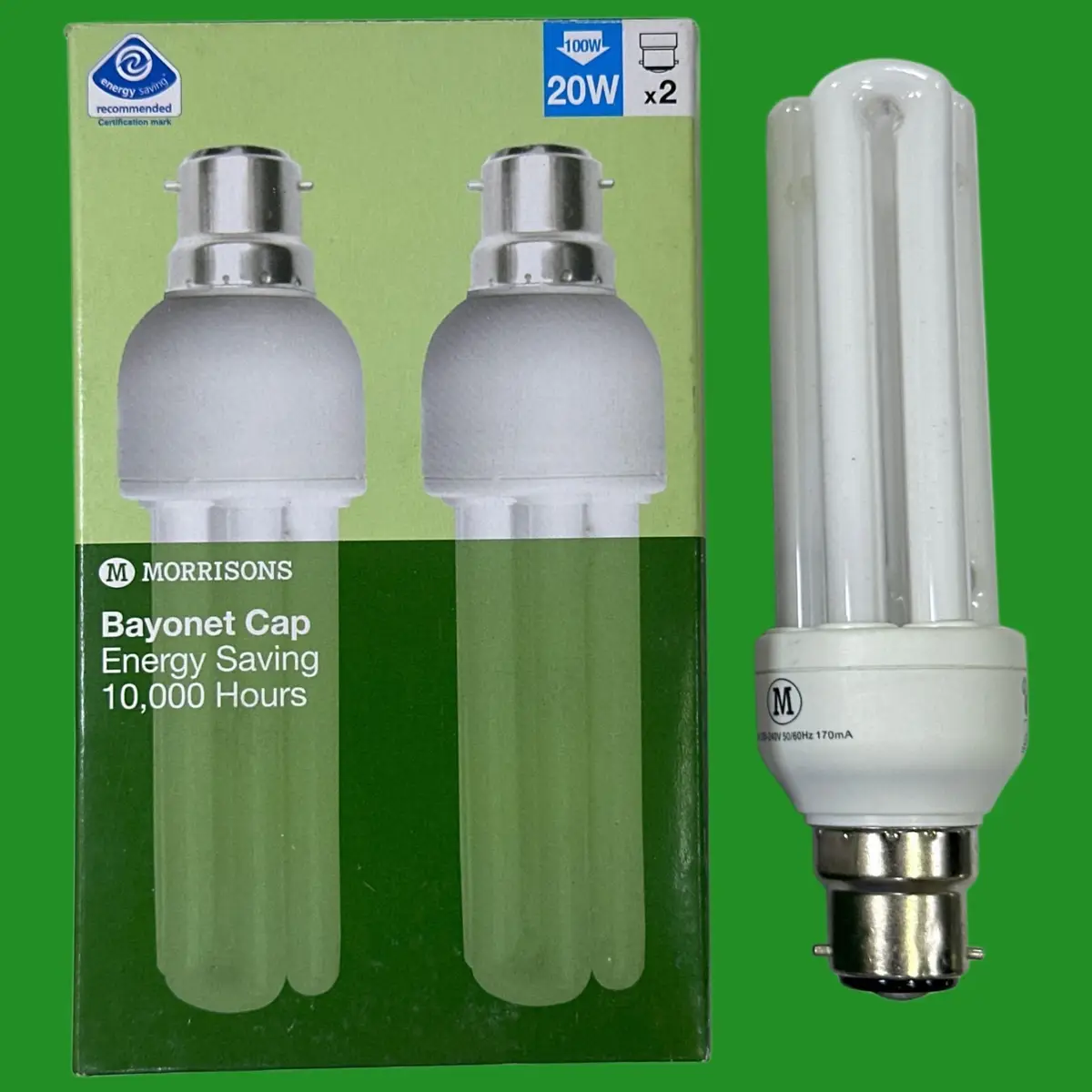 2x 20W (=100W) Morrisons Low Energy Power Saving CFL Stick Light Bulbs BC B22