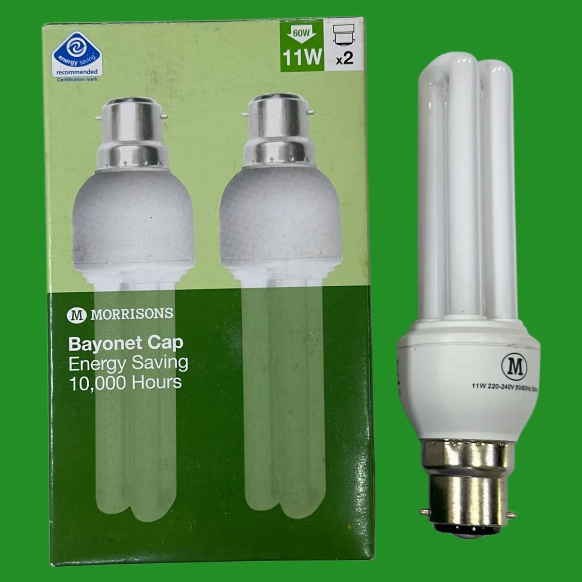 2x 11W (=60W) Morrisons Low Energy Power Saving CFL Stick Light Bulbs BC B22