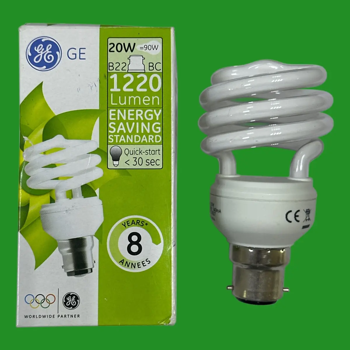 1x 20W (=90W) GE Low Energy Power Saving CFL Spiral Light Bulbs BC B22 Lamp