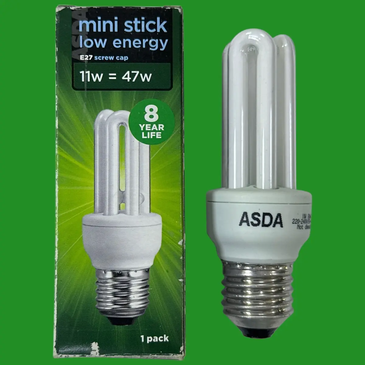 11W (=47W) ASDA Low Energy CFL Mini Stick Light Bulb 2700K ES E27 Edison Screw