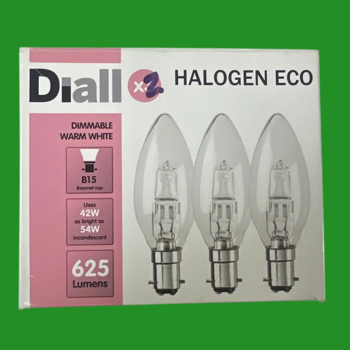 2x 42W (=54W) DIALL Dimmable Eco Halogen Clear Candle Light Bulbs SBC B15 Lamp