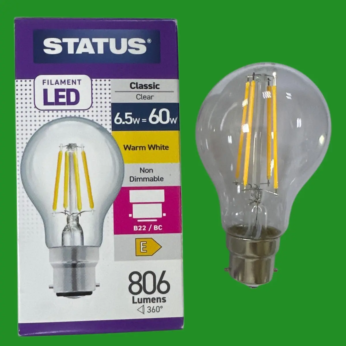 6.5W (=60W) Clear LED Filament GLS Light Bulb, Bayonet Cap BC B22, 2700K Lamp