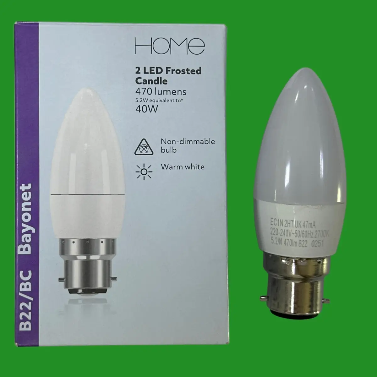 2x 5.2W (=40W) Home LED Frosted Candle Light Bulbs BC B22 Bayonet 2700K Lamp