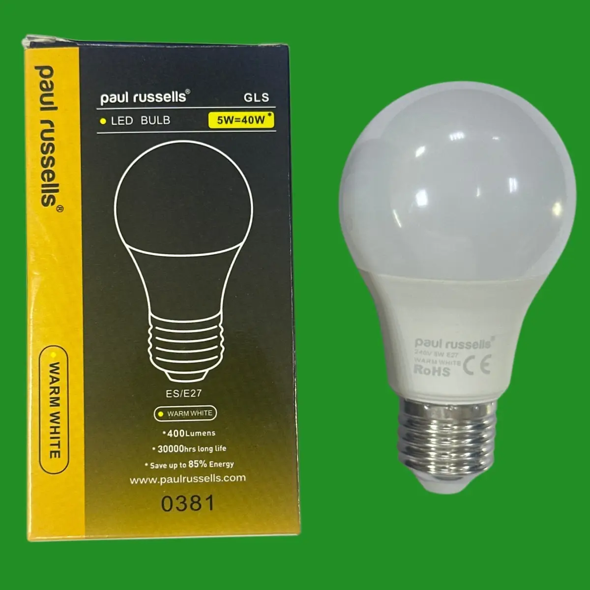 1x 5W (=40W) Paul Russells GLS LED Light Bulbs ES E27 Edison Screw 2700K  Lamp