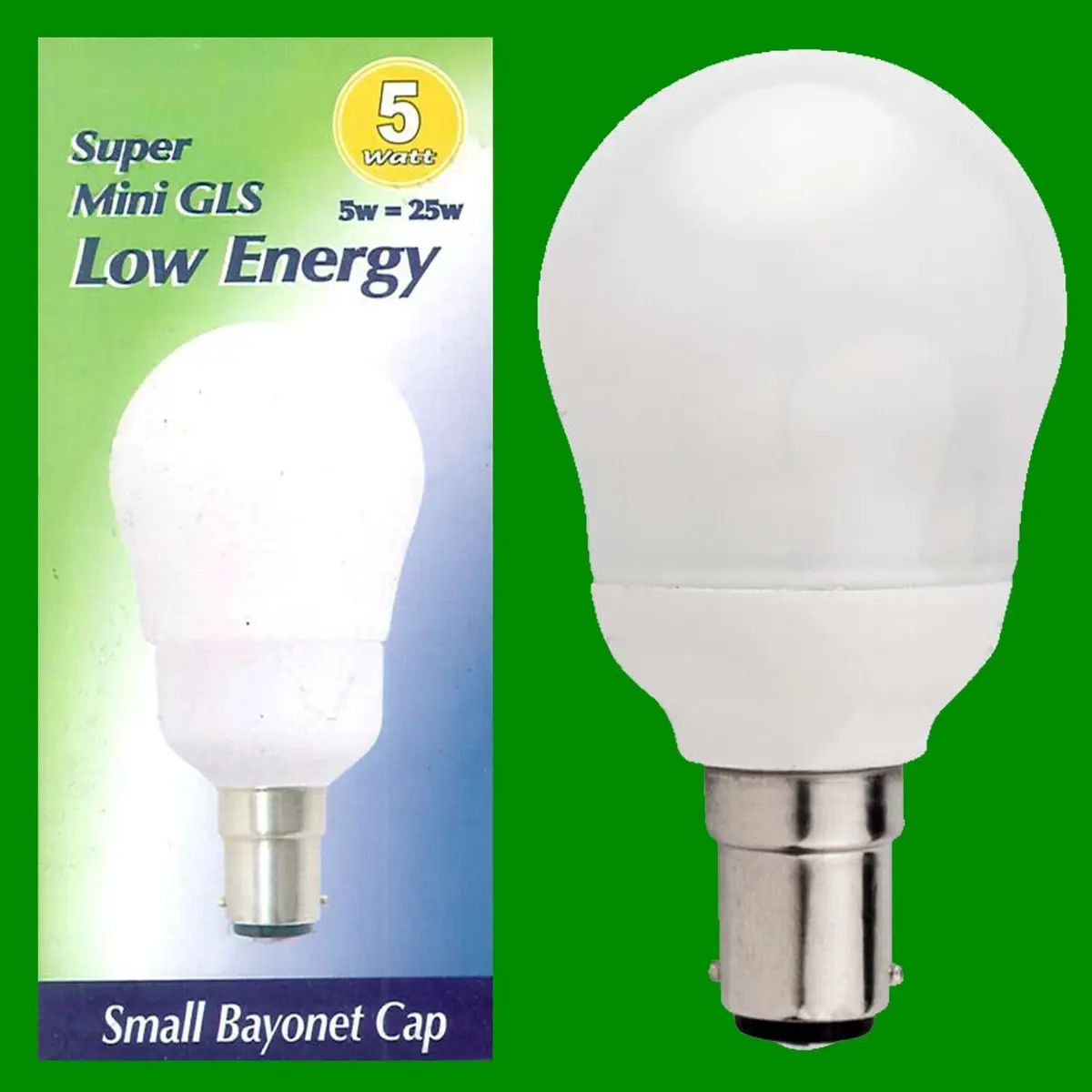 12x 5W (=25W) Low Energy Super Mini GLS Light Bulb SBC B15 Small Bayonet Cap