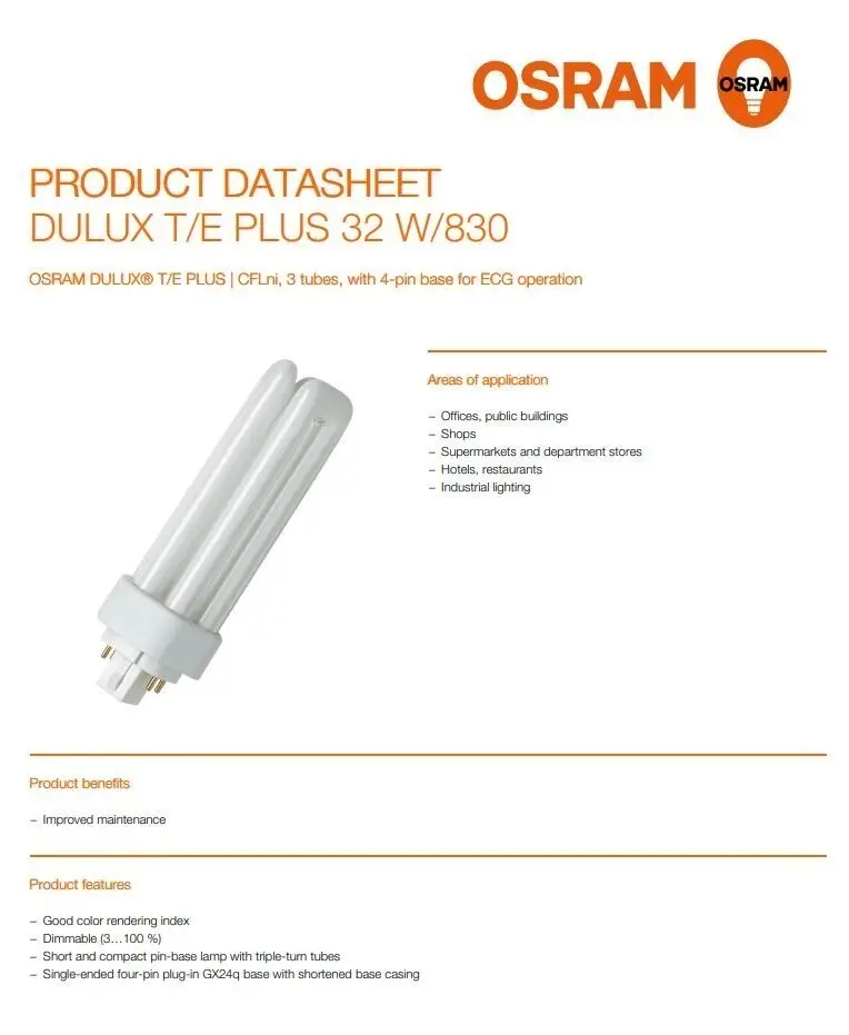 32W OSRAM Dimmable GX24Q-3, 4 pin CFL Low Energy 3000K 830 PLL Light Bulb Lamp - image 4 | Free standard UK delivery included | Discount Quality Products