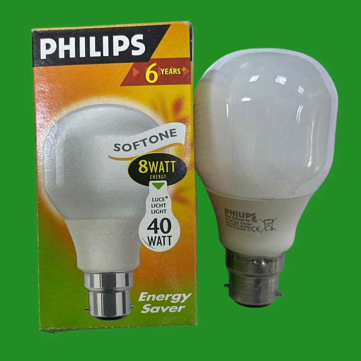 1x 8W (=40W) Philips T60 Low Energy Power Saving CFL Light Bulbs BC B22 Lamps