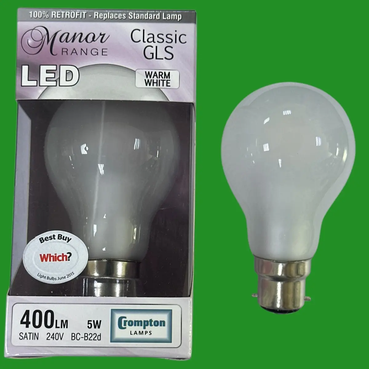2x 5W Crompton Manor LED Classic Satin GLS Light Bulbs Bayonet BC B22 3000K