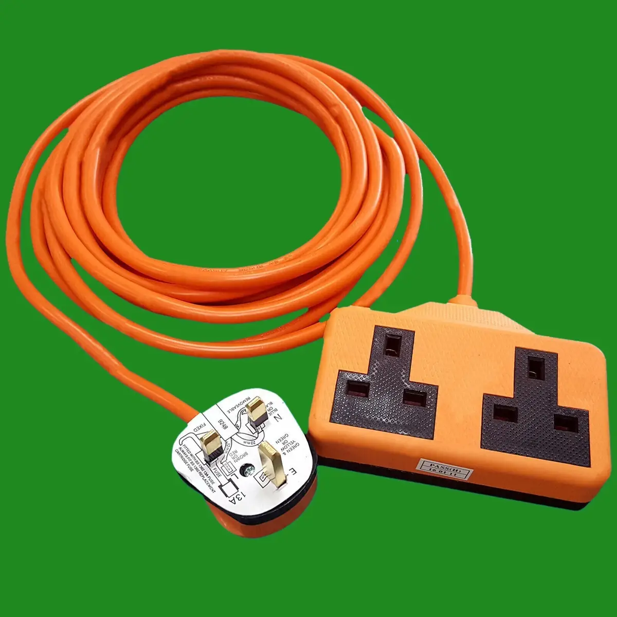 10m Heavy Duty Rubber UK Mains Lead Extension Cable 13A 2 Gang Socket, BS 1363