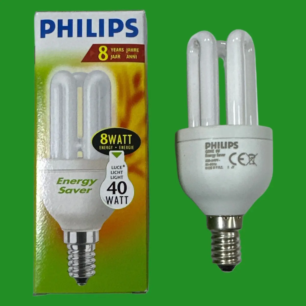 1x 8W (=40W) Philips CFL Stick Light Bulb E14 SES Low Energy Power Saving 2700K