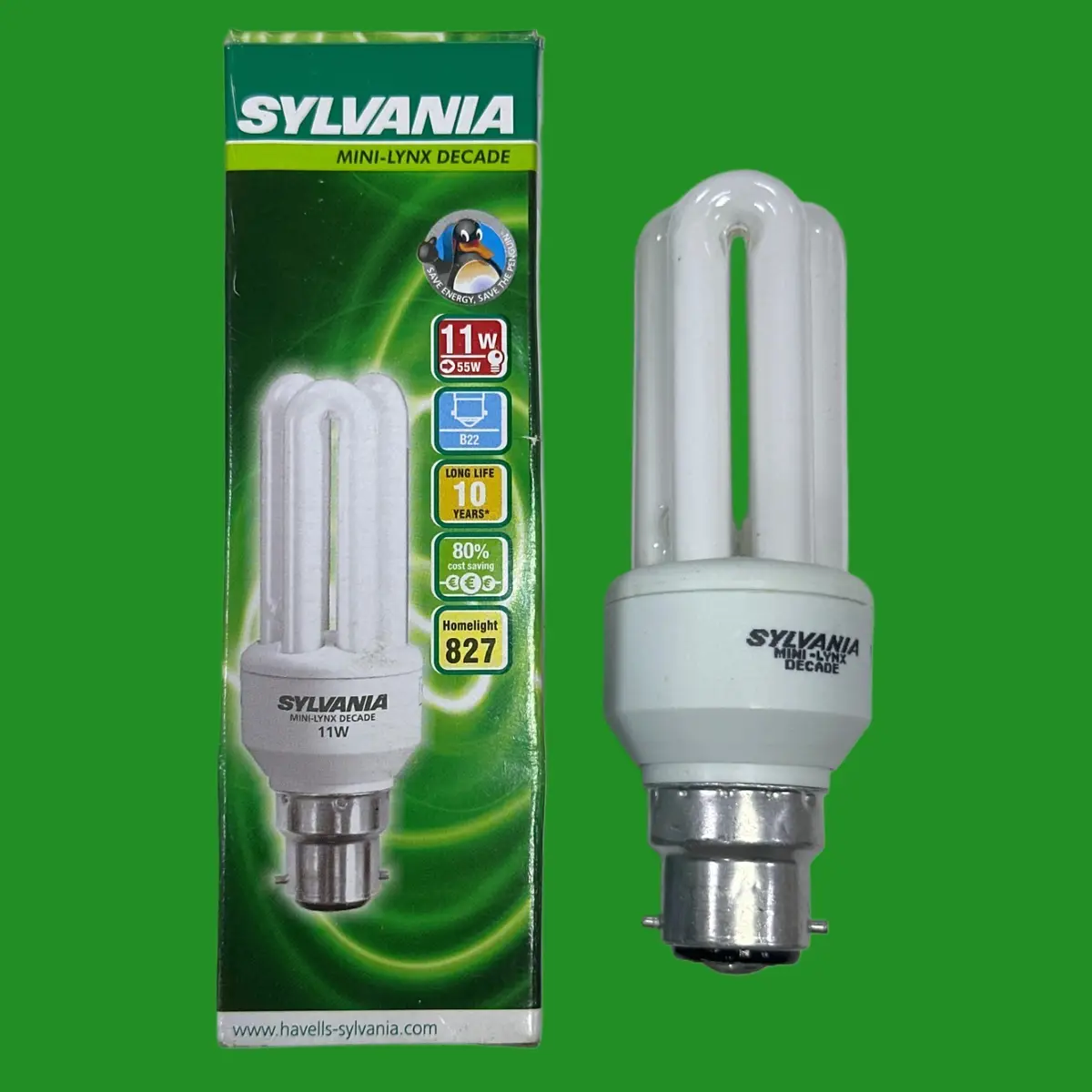 1x 11W (=55W) Sylvania Low Energy Saving CFL Stick Light Bulbs BC B22 2700K Lamp