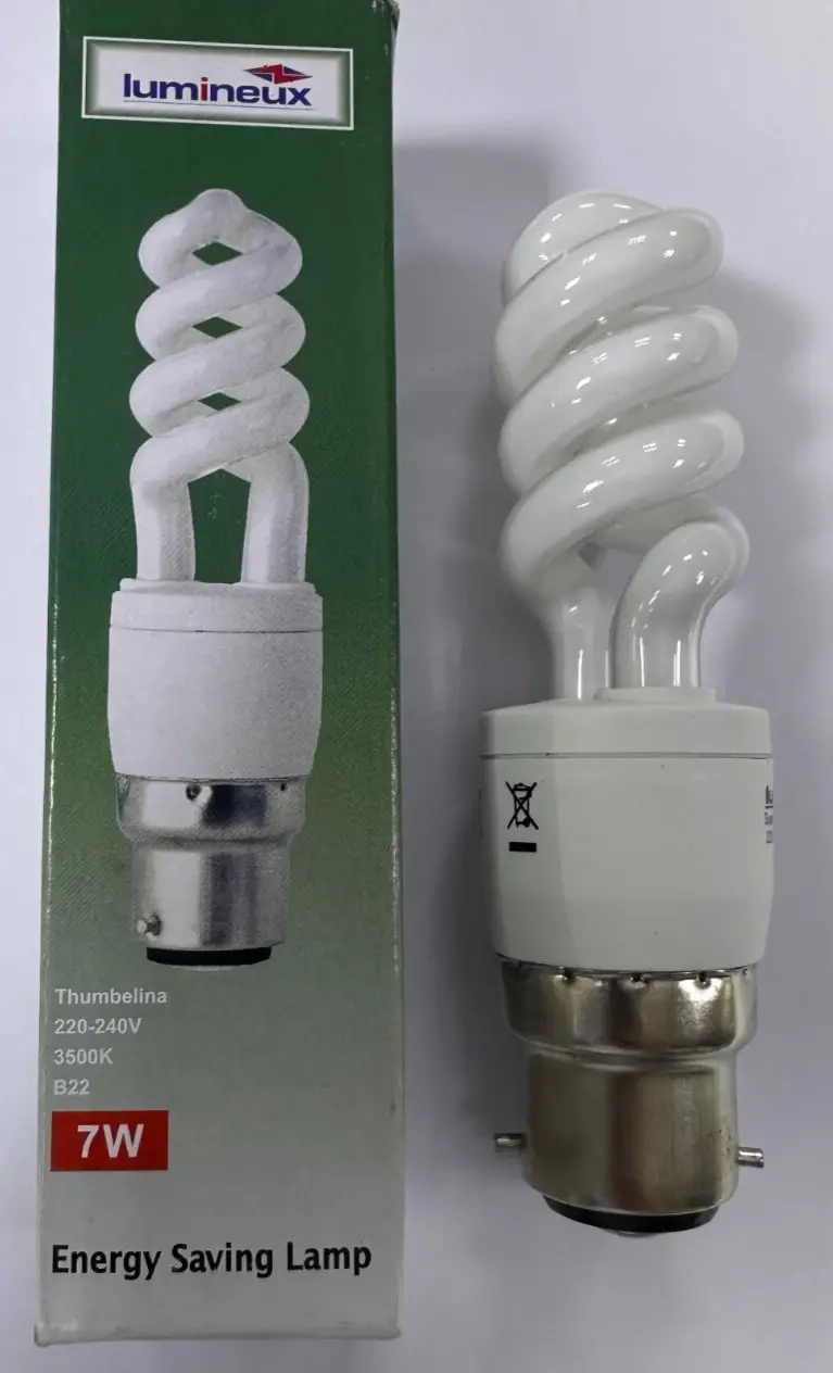 1x 7W (=40W) Lumineux CFL Spiral 3500K Low Energy Light Bulbs Bayonet BC B22