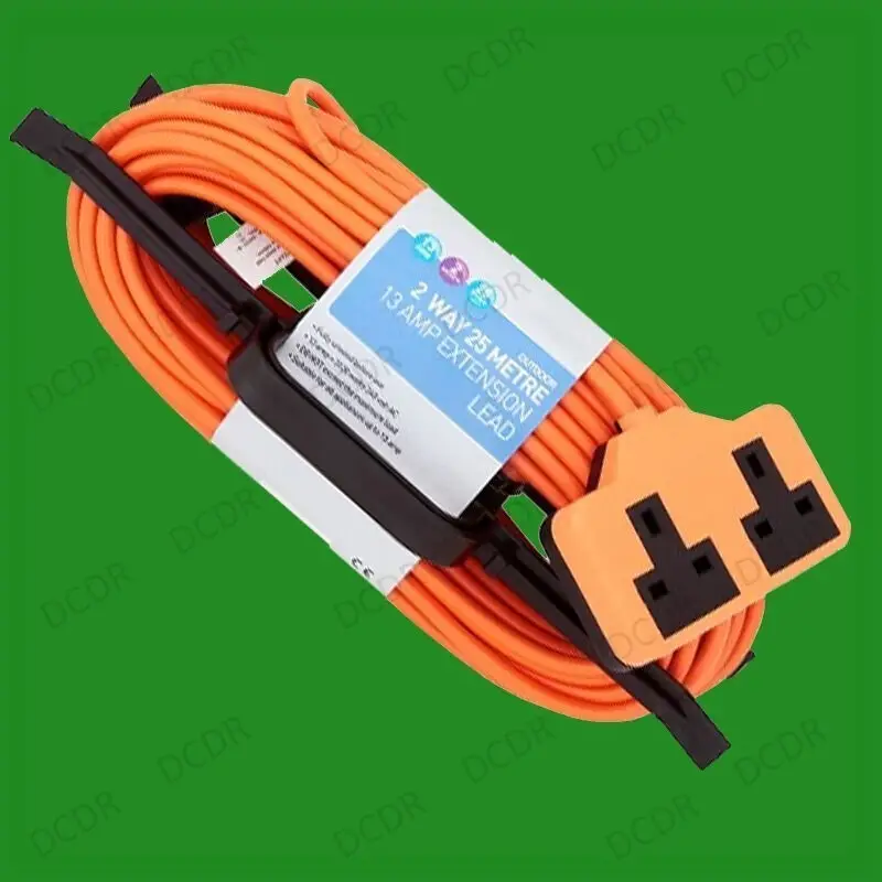 25m Heavy Duty Rubber UK Mains Lead Extension Cable 13A 2 Gang Socket &amp; H Frame