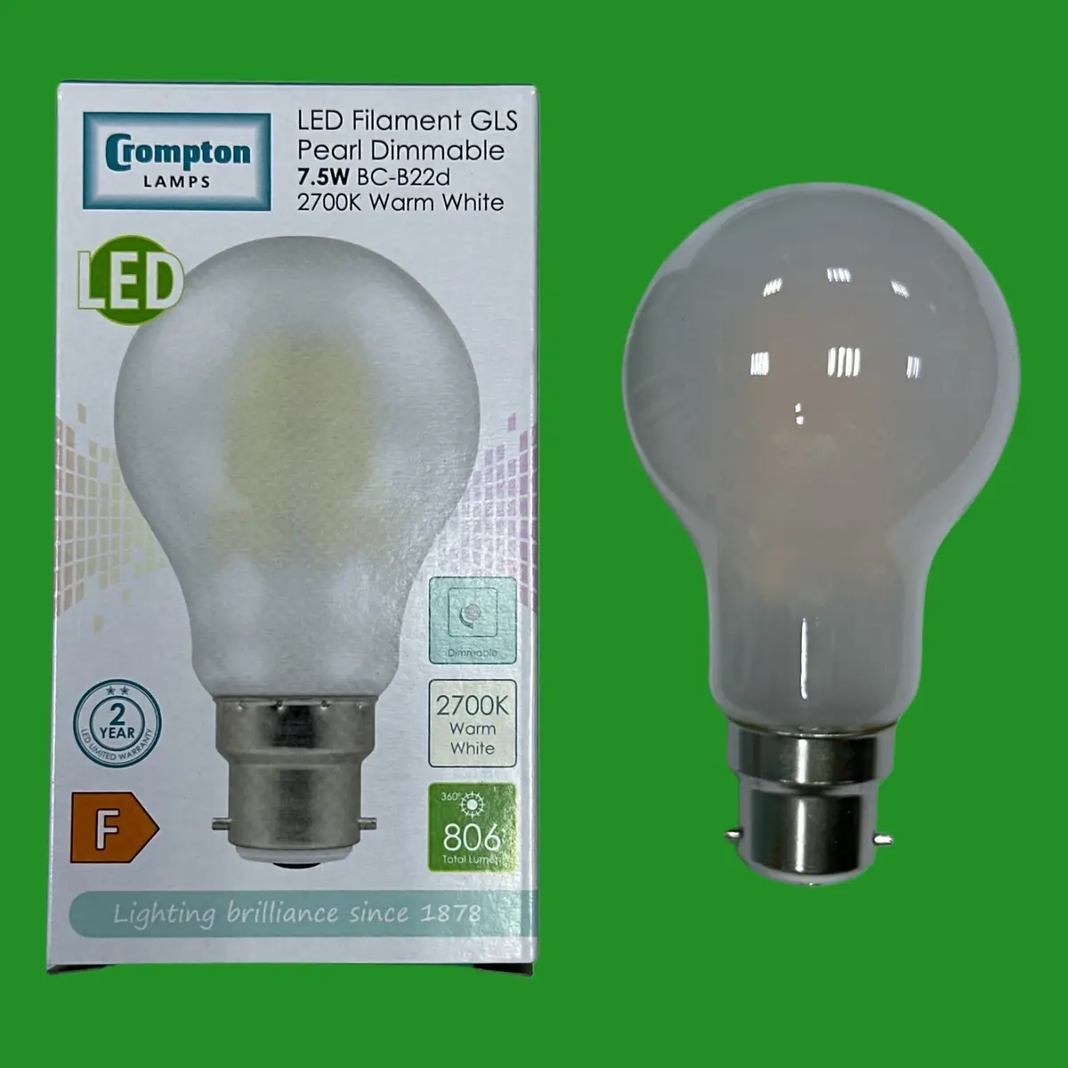 7.5W (=60W) Crompton Dimmable Pearl LED Filament Light Bulb 2700K BC B22 Bayonet