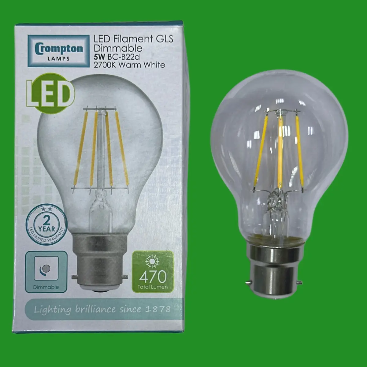 5W (=40W) Crompton Dimmable Clear LED Filament Light Bulb 2700K BC B22 Bayonet