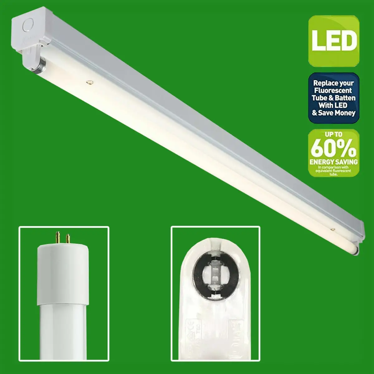 2x 18W=36W 4000K Cool White 1.2m T8 LED Tube Strip Light &amp; Batten Holder Ceiling
