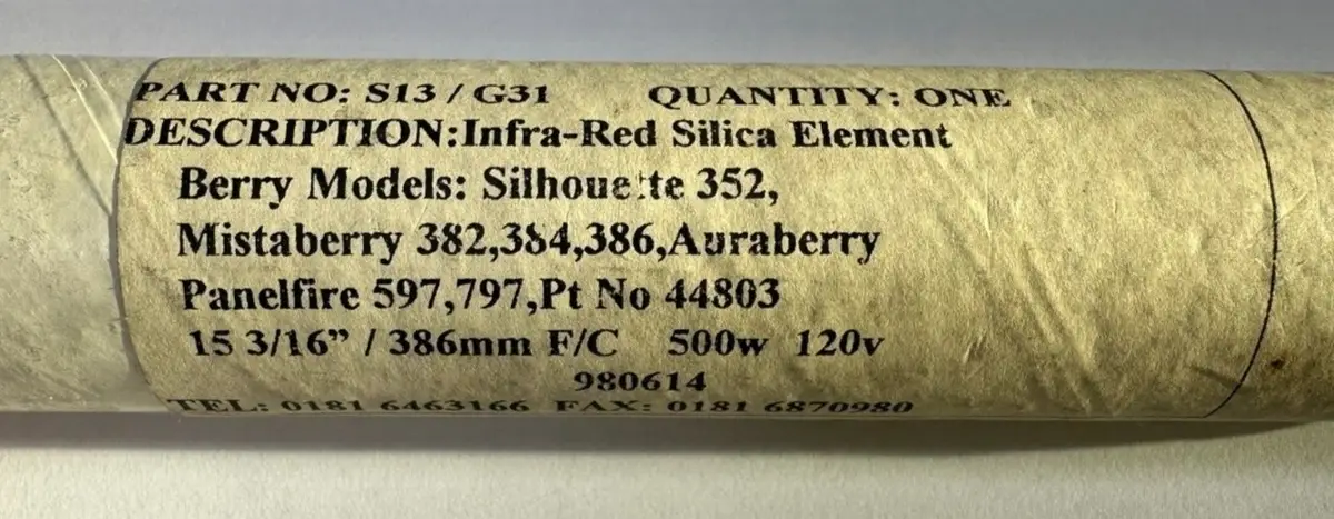 Berry Glass Infrared Silica Fire Element 500W 120V S13/G31 386mm 15 3/16" - image 2 | Free standard UK delivery included | Discount Quality Products