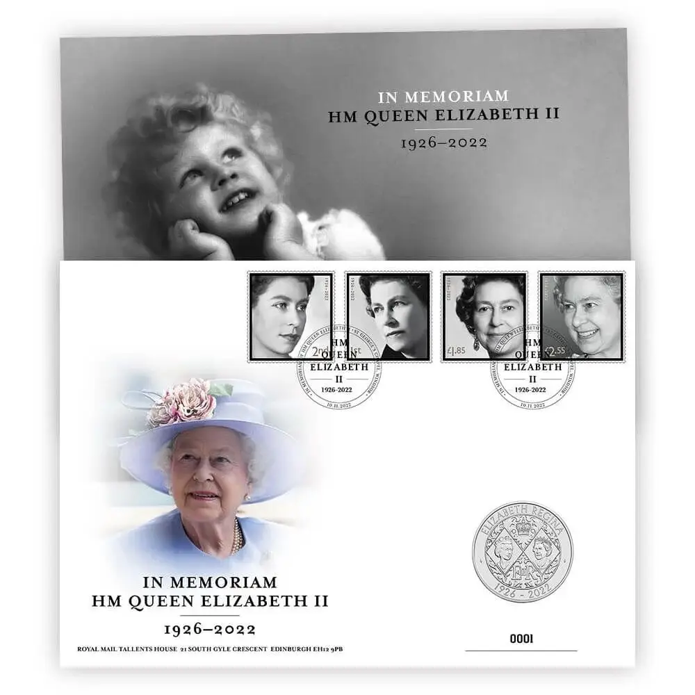 In Memoriam: HM Queen Elizabeth II Brilliant Uncirculated £5 Coin &amp; Stamps Cover