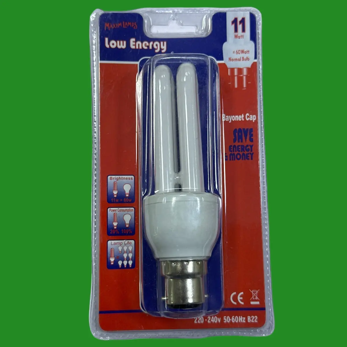 1x 11W (=60W) Maxim CFL Stick Light Bulb Low Energy Power Saving 2700K BC B22