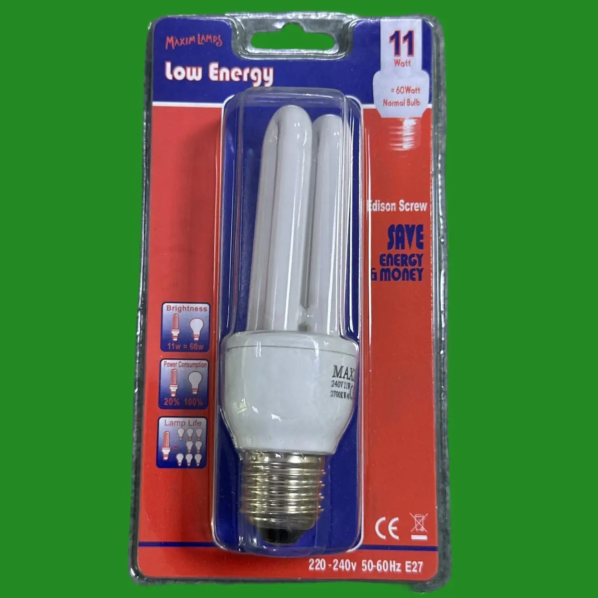 1x 11W (=60W) Maxim CFL Stick Light Bulb Low Energy 2700K ES E27 Edison Screw
