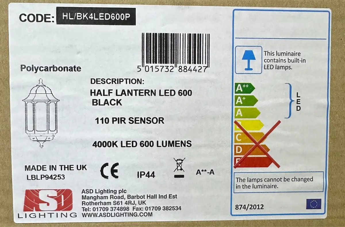 ASD 7.4W LED Black Half Lantern PIR Motion Sensor Wall Light HL/BK4LED600P 4000K - image 2 | Free standard UK delivery included | Discount Quality Products