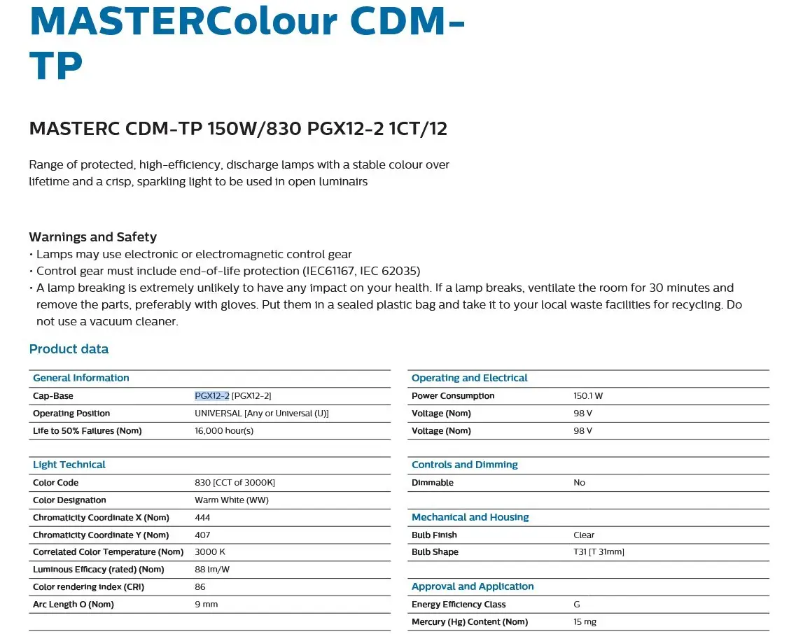 150W Philips PGX12-2 HID MHL Master Colour CDM-TP T31 830 3000K Light Bulb Lamp - image 5 | Free standard UK delivery included | Discount Quality Products