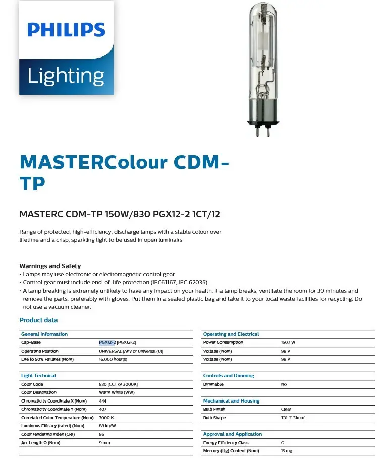 150W Philips PGX12-2 HID MHL Master Colour CDM-TP T31 830 3000K Light Bulb Lamp - image 6 | Free standard UK delivery included | Discount Quality Products