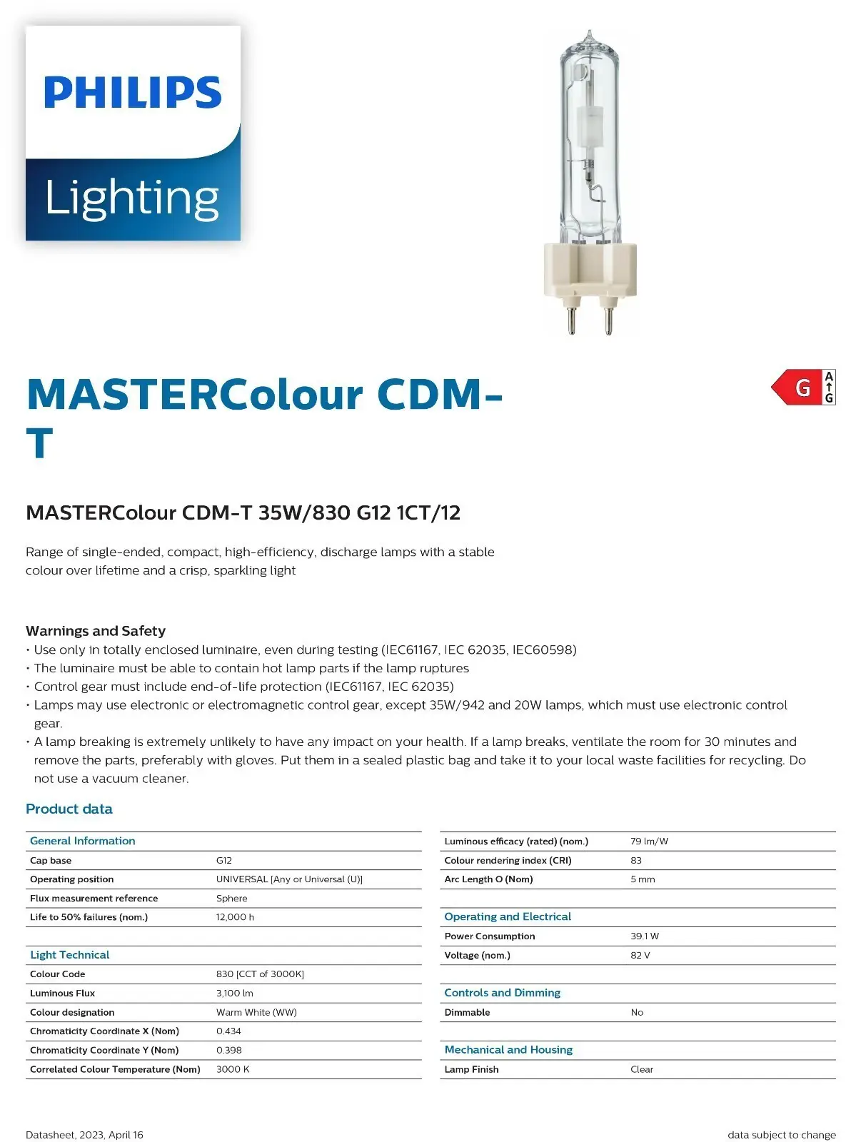 35W Philips G12 HID Master Colour CDM-T 830 METAL HALIDE CERAMIC Light Bulb Lamp - image 5 | Free standard UK delivery included | Discount Quality Products