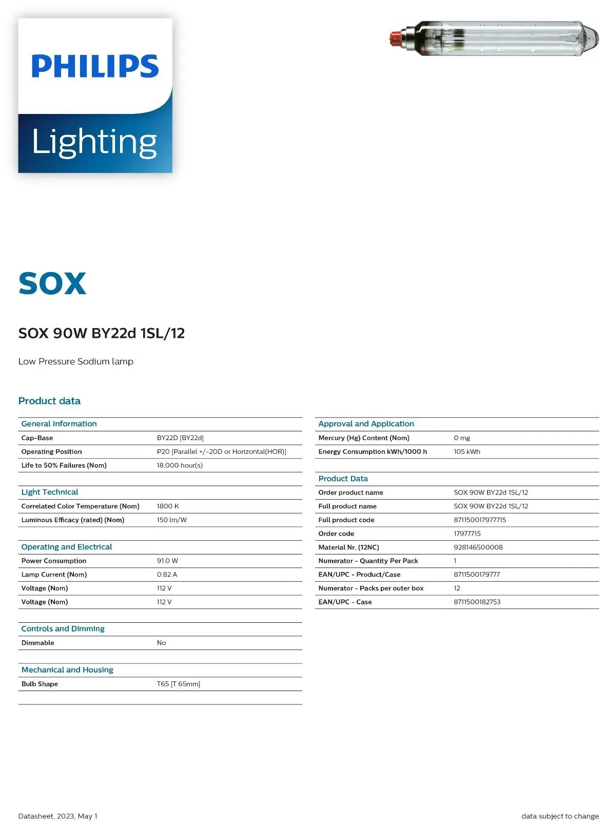 90W Philips SOX Low Pressure Sodium BY22d T65 528mm Street Lamp Light Bulb - image 7 | Free standard UK delivery included | Discount Quality Products