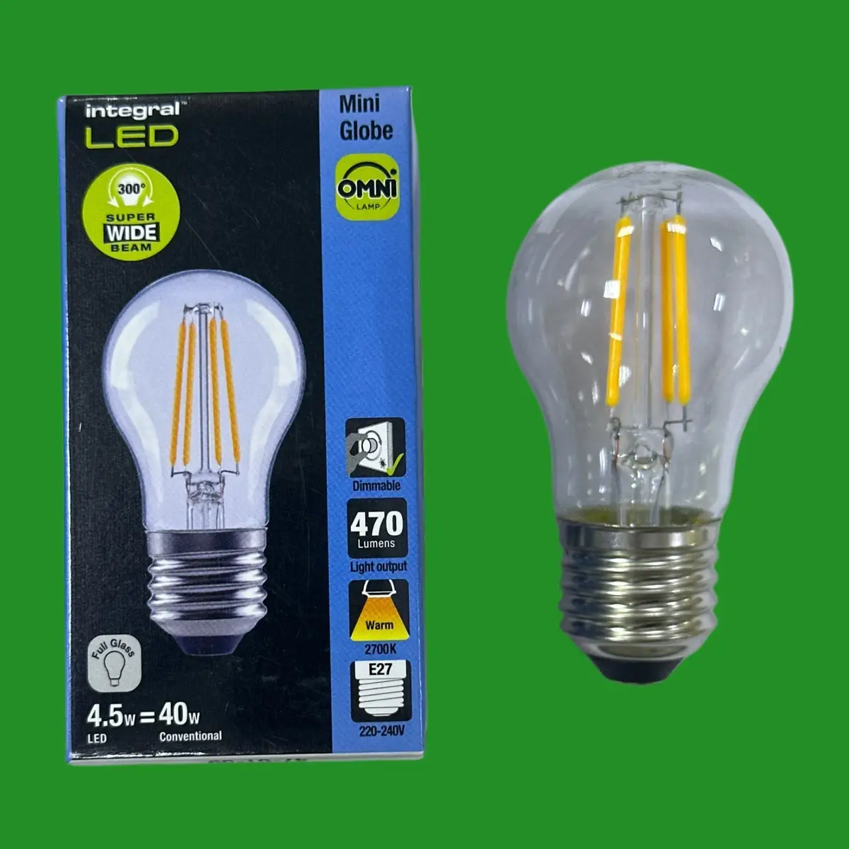 2x 4.5W (=40W) Integral Dimmable Clear LED Filament Mini Globe Light Bulb ES E27