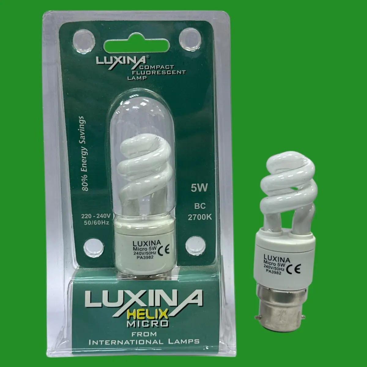 1x 5W (=25W) Luxina CFL Micro Spiral Light Bulb Low Energy Bayonet BC B22 2700K
