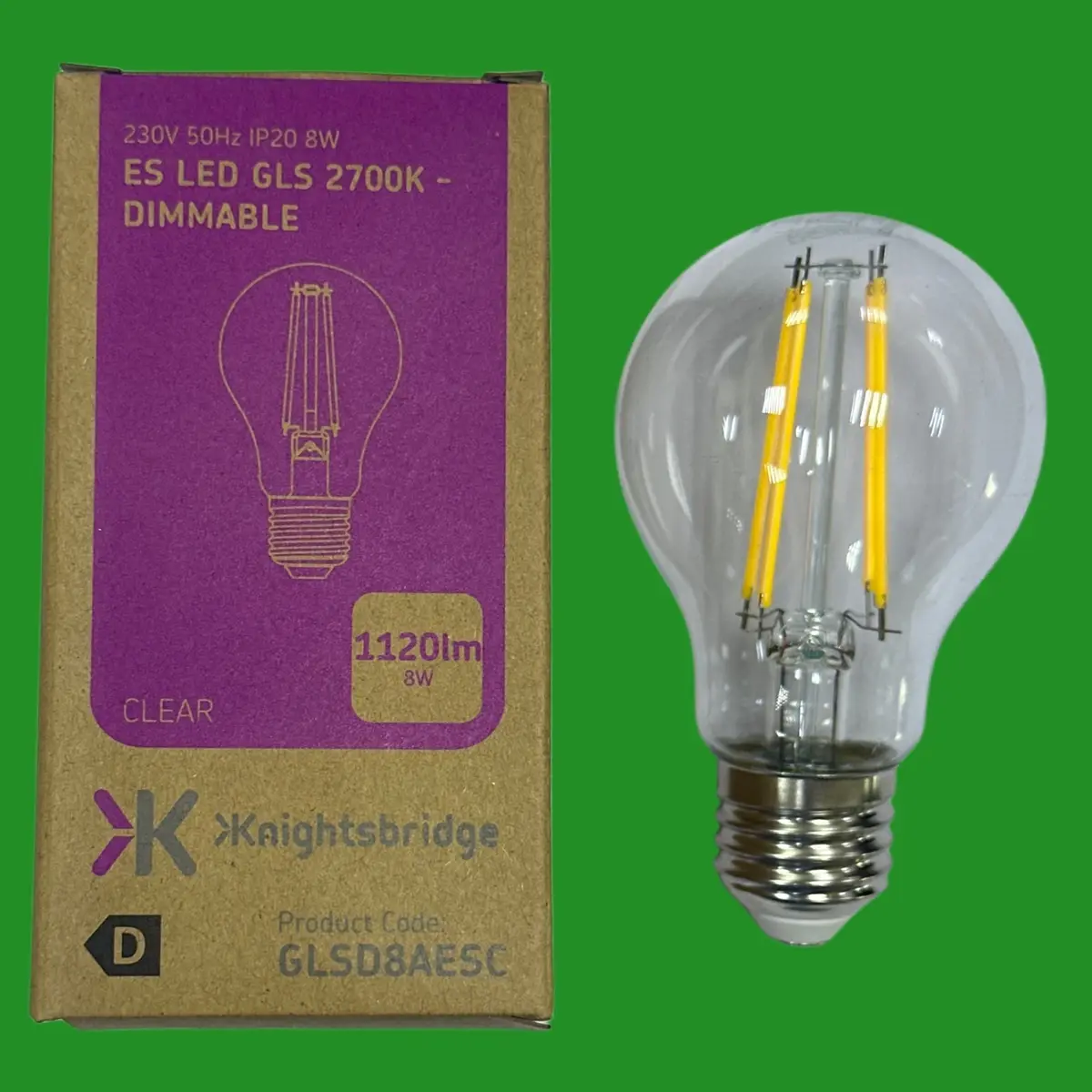 8W (=100W) Knightsbridge Dimmable Clear LED Filament GLS Light Bulb ES E27 Screw