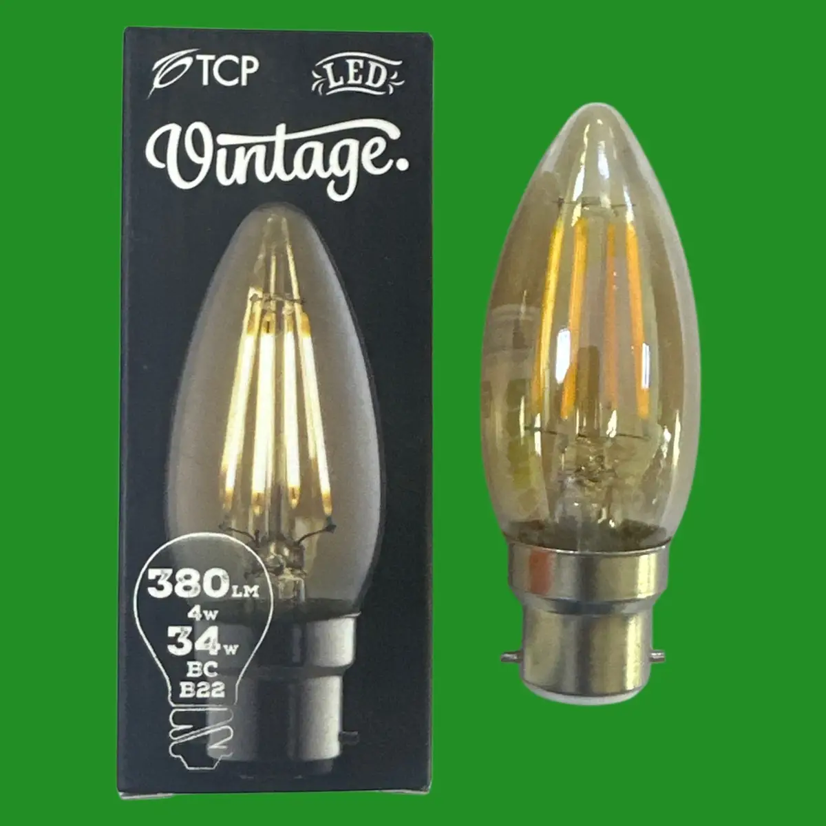 2x 4W (=34W) TCP Vintage 2400K Amber LED Filament Candle Light Bulbs BC B22