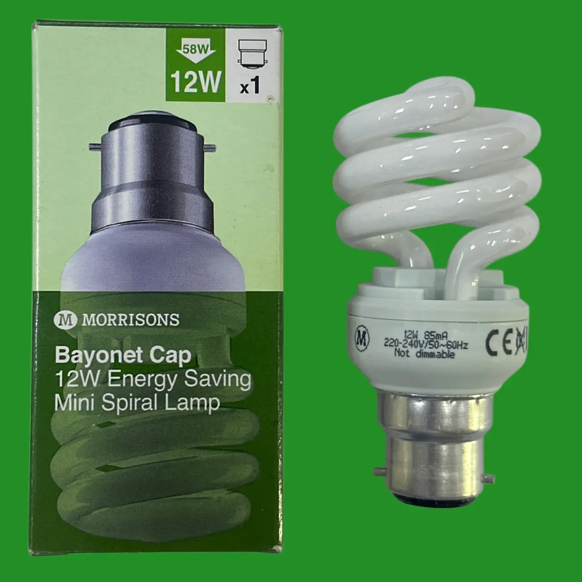 1x 12W (=58W) Morrisons Spiral Low Energy Power Saving Light Bulb Bayonet BC B22