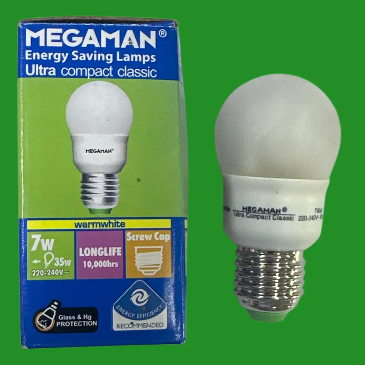 7W (=35W) Megaman Round Golf CFL Light Bulb ES E27 Screw Low Energy Power Saving