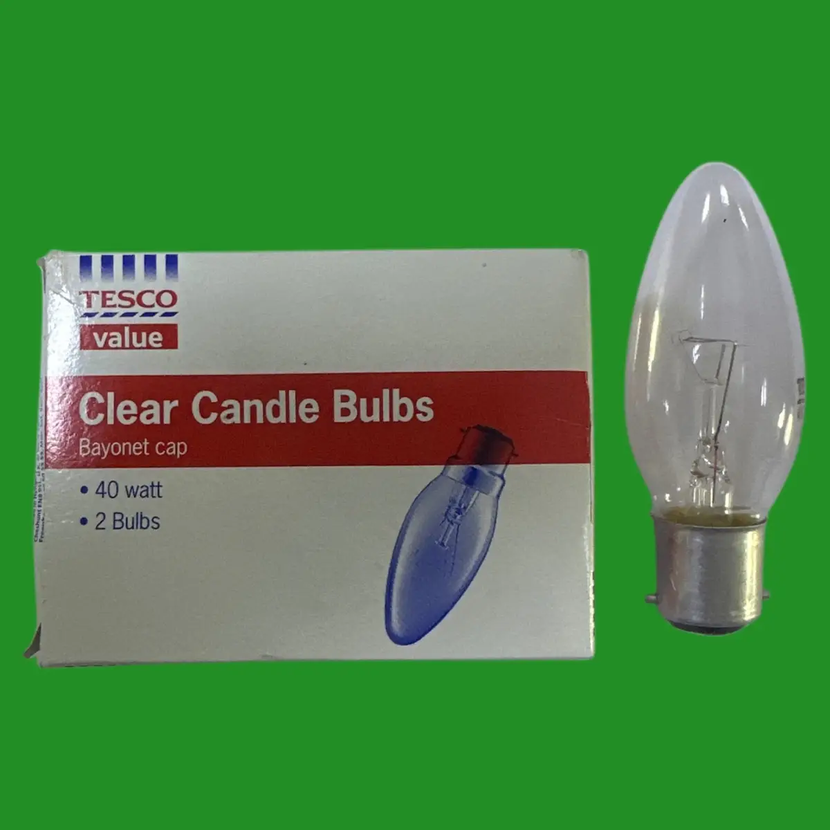 2x 40W Tesco Clear Candle Dimmable Filament Light Bulbs B22 BC Bayonet Cap Lamps