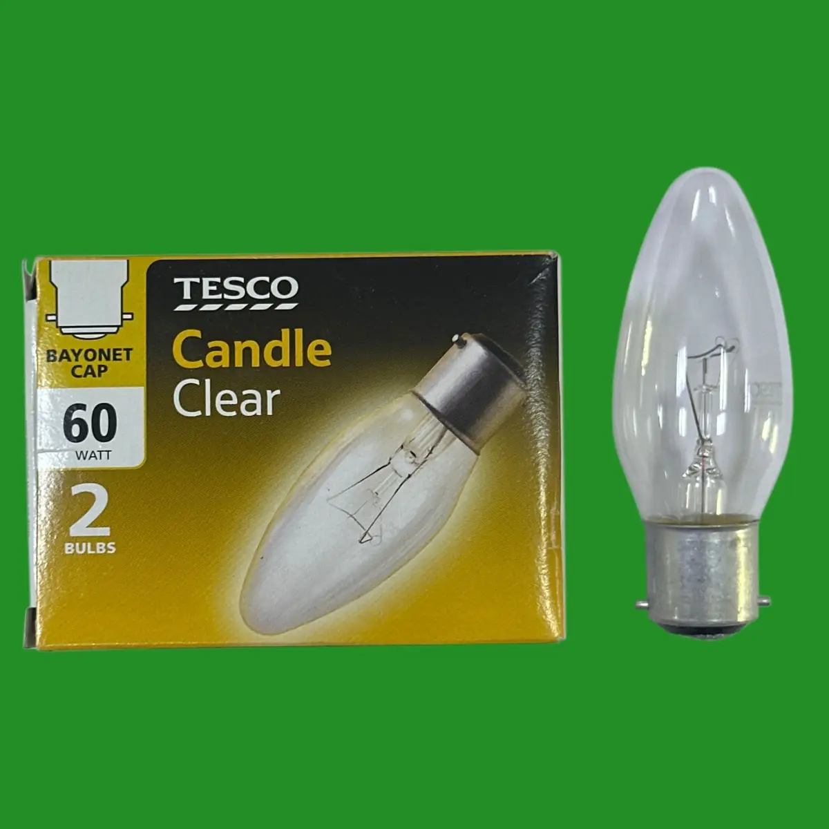 2x 60W Tesco Clear Candle Dimmable Filament Light Bulbs B22 BC Bayonet Cap Lamps